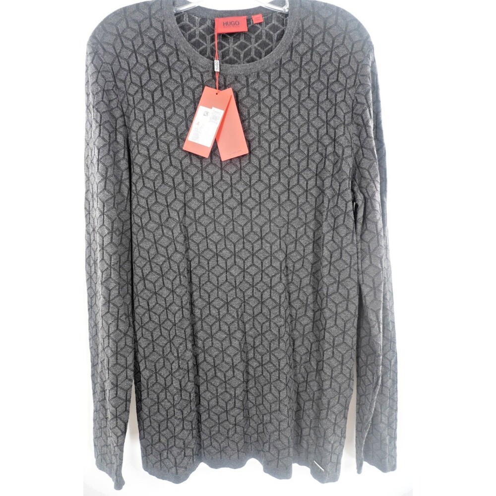 HUGO BOSS Men's Gray Geometric Cube Pattern Crewneck Cotton Knit Sweater Size L